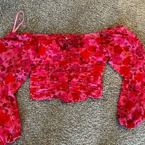 Free People FP pink red floral off shoulder rosette top